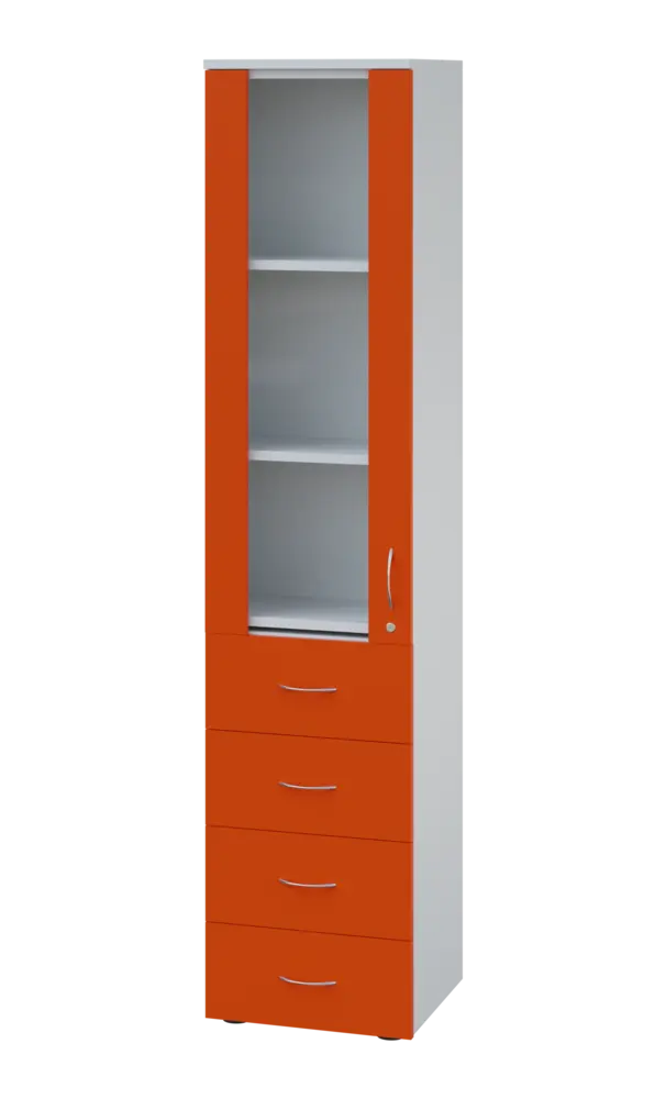 LE - 44 skříň léková prosklená, levá, korpus bílý, dvířka mandarinka